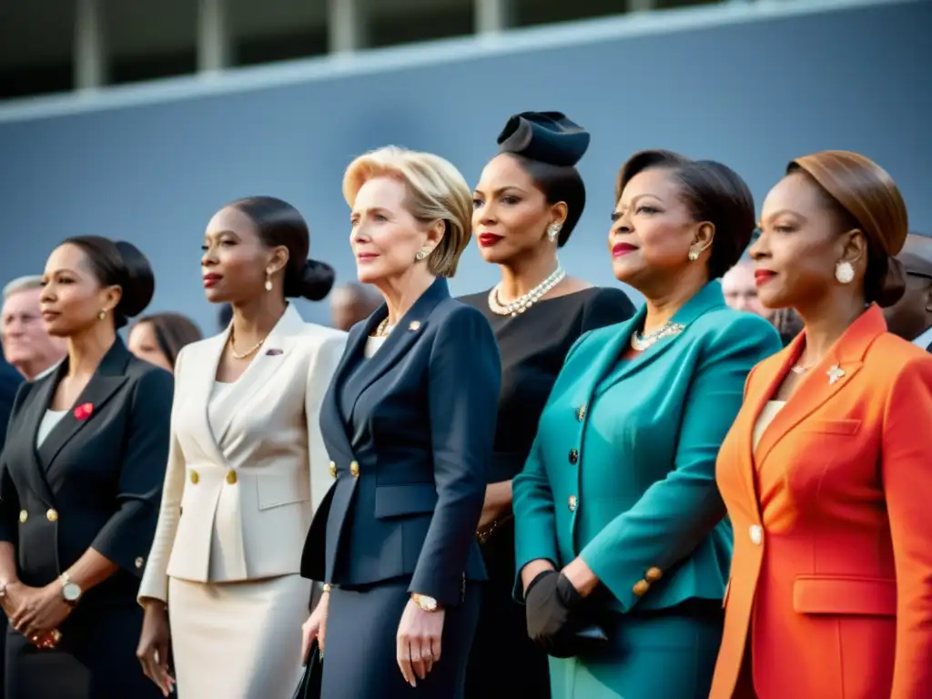 Grupo de mujeres poderosas en evento político, vistiendo con elegancia y autoridad