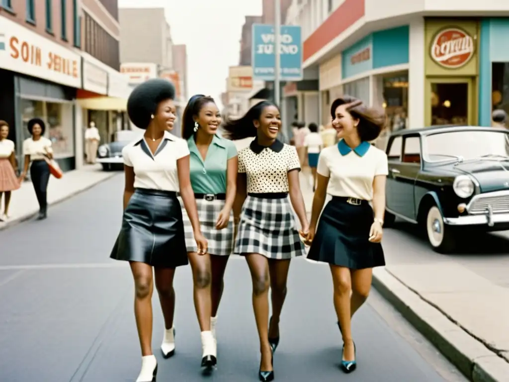 Jóvenes empoderadas en los 60: Moda y libertad en la ciudad Grupo de mujeres disfrutando la revolución sexual de los 60, luciendo moda mod y minifaldas, empoderadas y libres en la ciudad