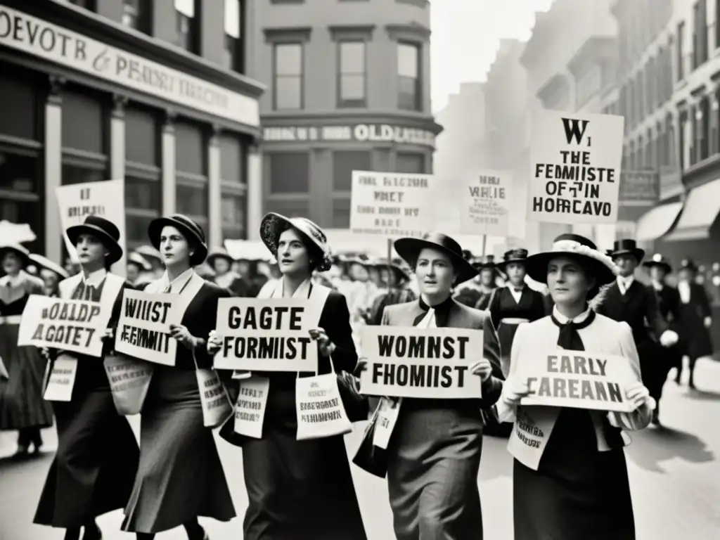 Grupo de mujeres con sashes sufragistas, marchando en protesta en el siglo XX