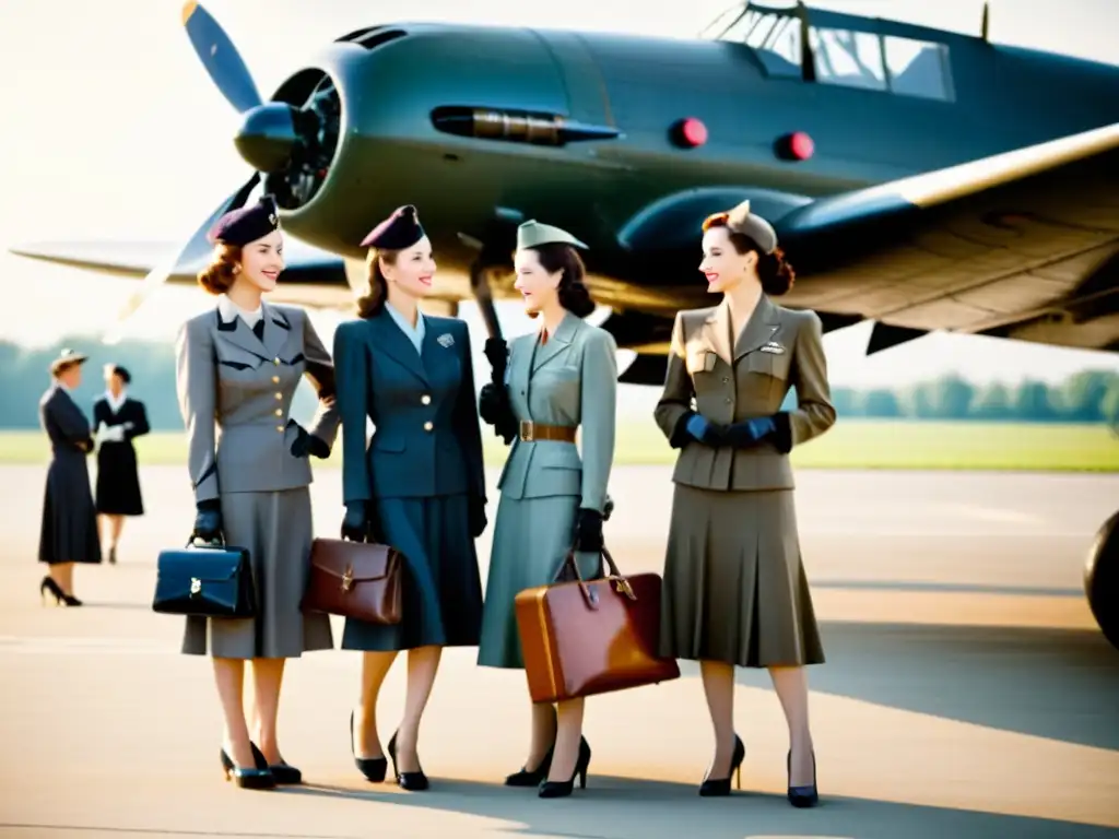 Un grupo de mujeres seguras y elegantes posan frente a un avión de guerra, simbolizando la moda femenina en la Segunda Guerra Mundial