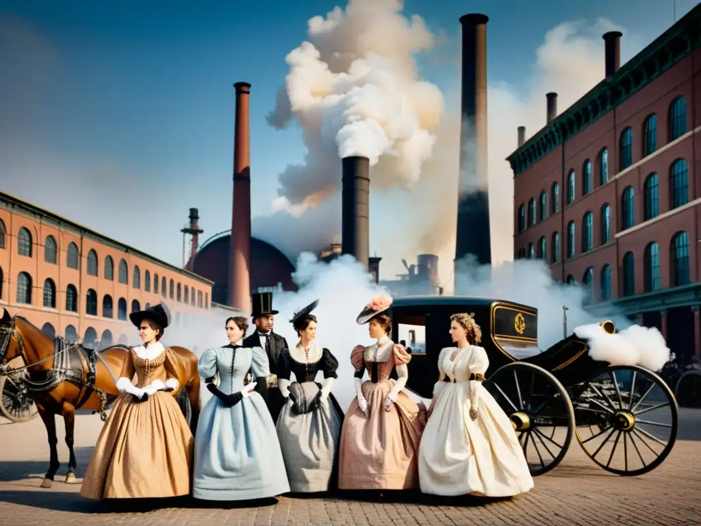 Grupo de mujeres del siglo XIX en vestidos de algodón en una bulliciosa plaza de la ciudad, rodeadas de carruajes y fábricas humeantes, ilustrando el impacto del algodón en la moda durante la revolución industrial