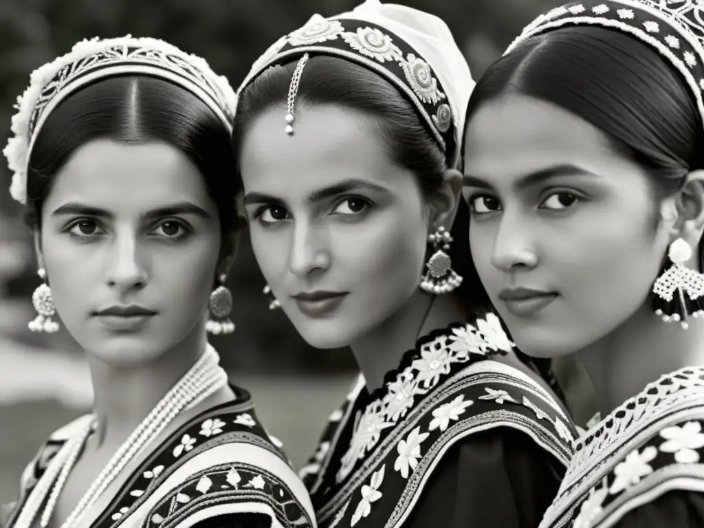 Grupo de mujeres del siglo XIX usando cofias bordadas en una imagen vintage en blanco y negro, reflejando elegancia atemporal y significado cultural