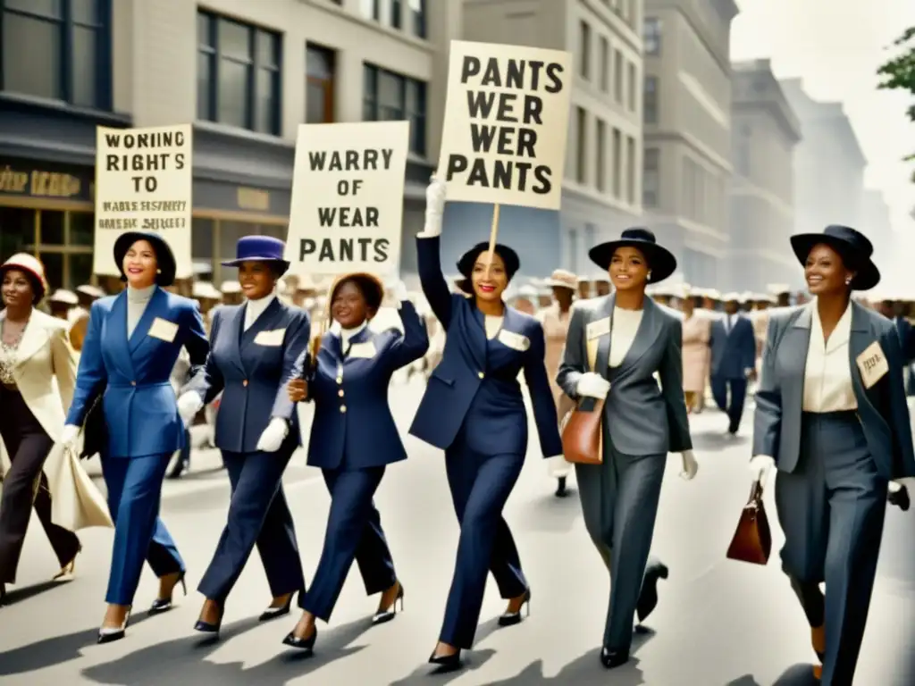 Grupo de mujeres en el siglo XX marchando con pantalones elegantes, exudando confianza y determinación