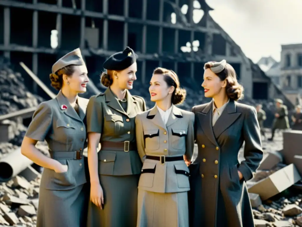 Grupo de mujeres con sombreros militares y vestidos de la década de 1940 frente a un edificio bombardeado