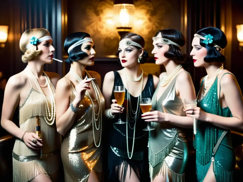 Un grupo de mujeres flapper en un speakeasy de los años 20, derrochando elegancia y rebeldía con sus looks y actitud