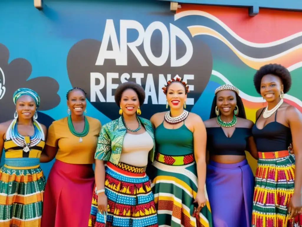 Un grupo de mujeres sudafricanas muestra orgullosamente su moda durante el Apartheid Sudáfrica, frente a un mural colorido con símbolos de resistencia