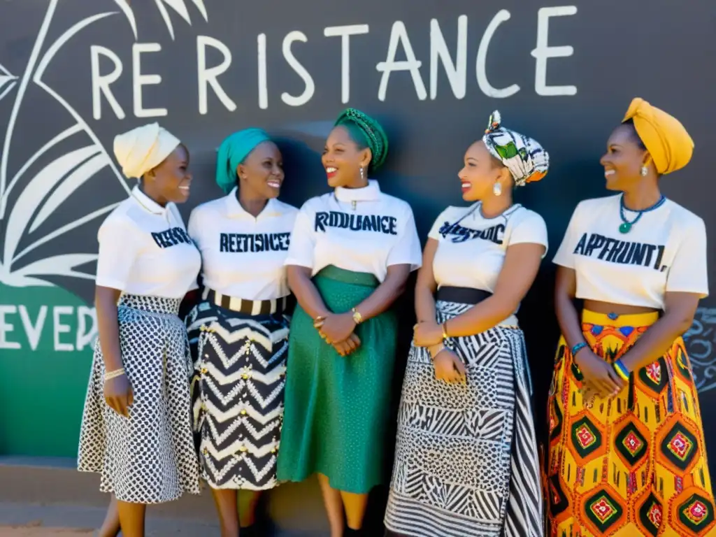 Grupo de mujeres sudafricanas vistiendo moda tradicional durante el Apartheid Sudáfrica, frente a un muro con grafitis de resistencia