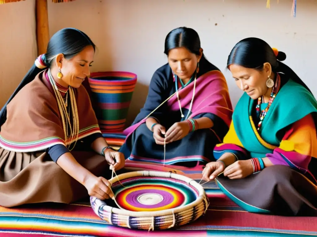 Grupo de mujeres Aymara tejiendo textiles tradicionales con colores vibrantes