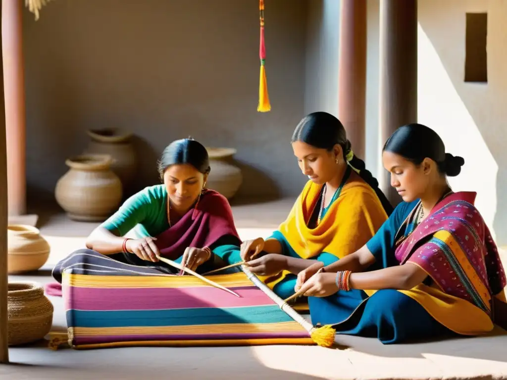 Grupo de mujeres Aimara tejiendo textiles tradicionales con tintes naturales