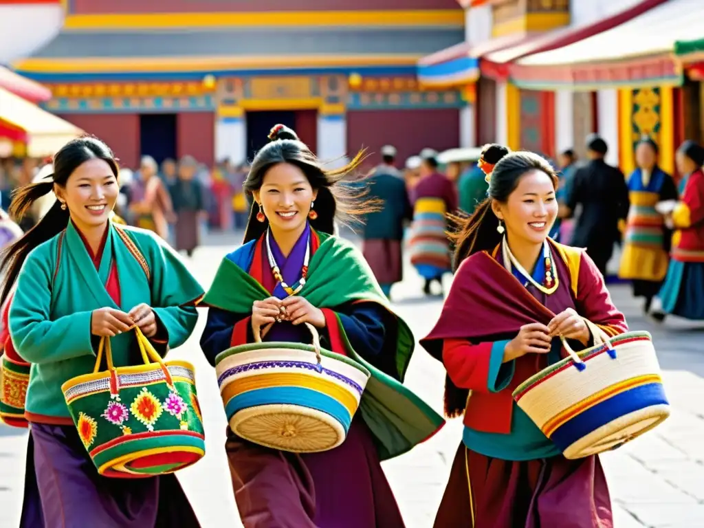 Un grupo de mujeres tibetanas vistiendo chupas tradicionales, llevando cestas con telas y joyería en un bullicioso mercado de Lhasa