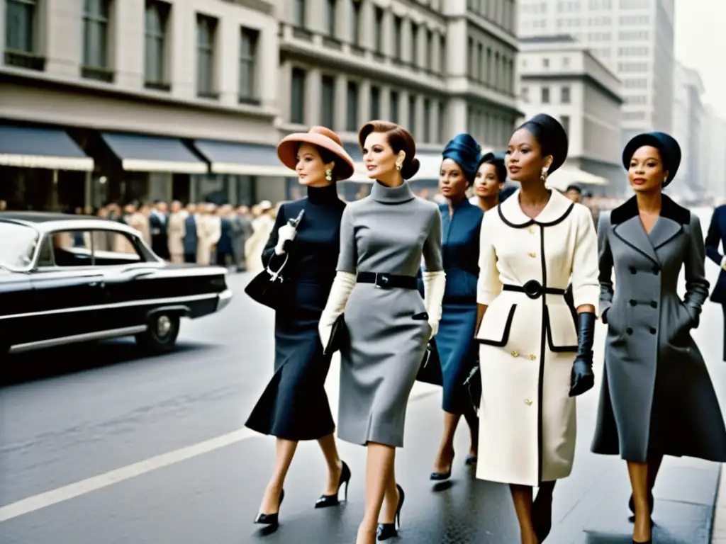 Grupo de mujeres en trajes de alta costura, empoderadas y elegantes, caminando por la ciudad en los años 60