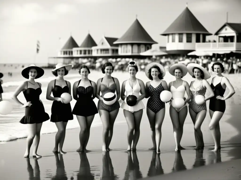 Grupo de mujeres en trajes de baño del siglo XIX disfrutando en la playa con sombrillas y pelotas de playa, evocando la moda de la época