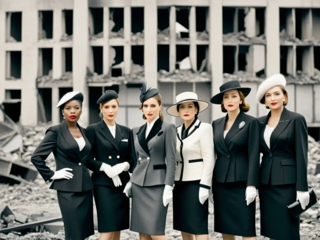 Un grupo de mujeres en trajes elegantes y sombreros de alta costura, de pie frente a un edificio bombardeado en una ciudad en guerra