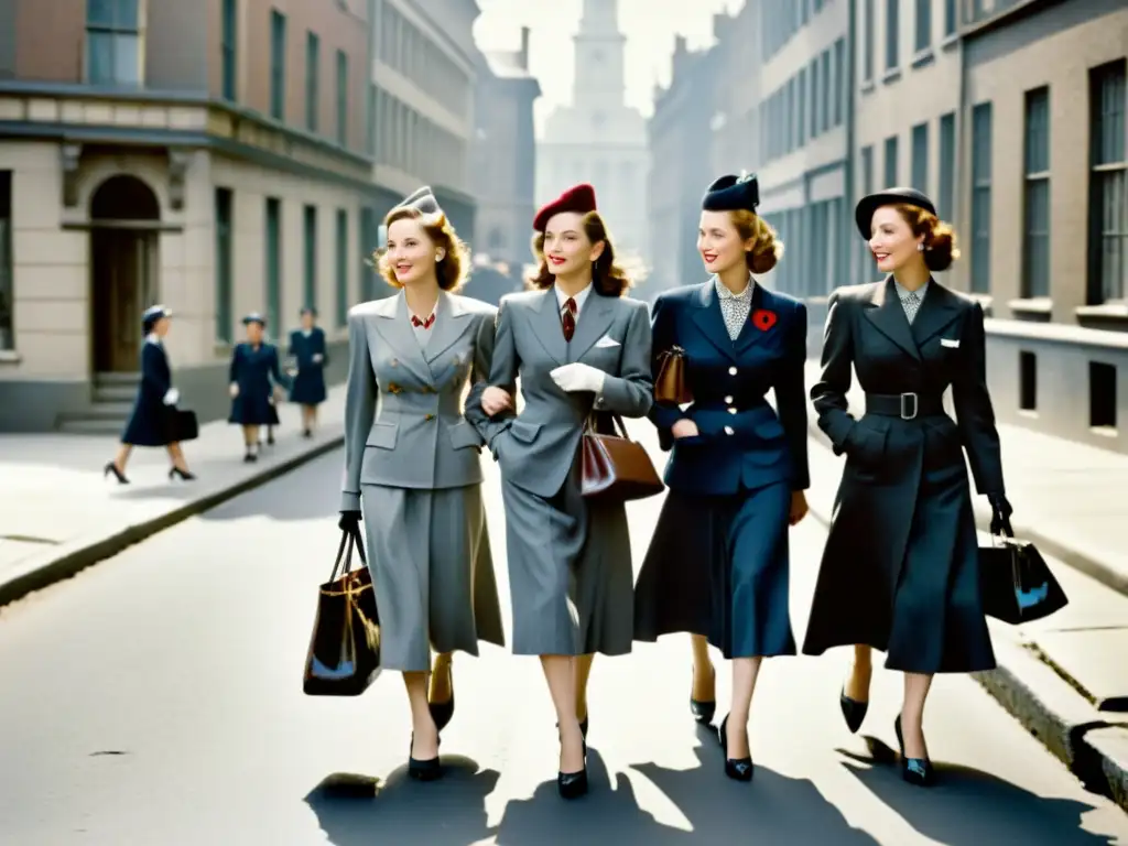 Grupo de mujeres con trajes elegantes de los años 40 caminando con determinación en una calle devastada por la guerra, un testimonio de la transformación de la moda femenina durante las guerras mundiales