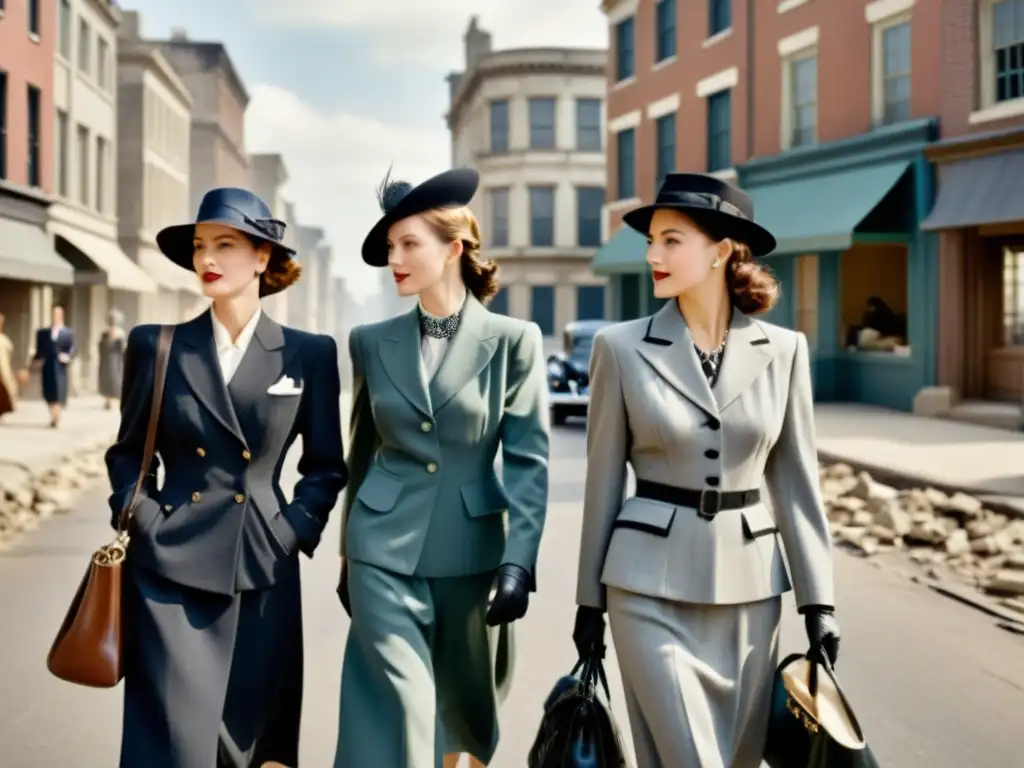 Grupo de mujeres en trajes elegantes de los años 40, caminando con determinación en una calle de posguerra