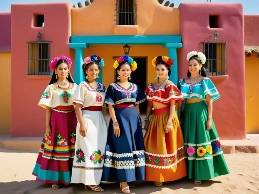 Grupo de mujeres vistiendo trajes regionales folclóricos 'Tehuana' frente a un edificio colorido, resaltando la identidad cultural y la belleza de la moda regional mexicana