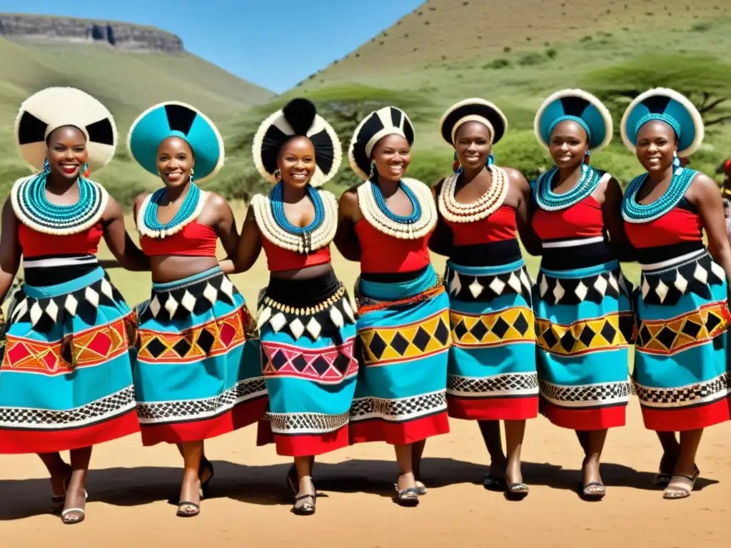 Un grupo de mujeres Zulú en trajes tradicionales, danzando con patrones de moda Zulú historia