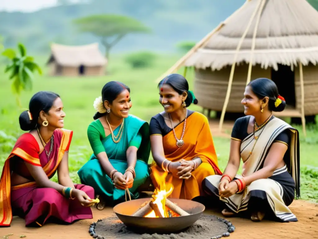 Grupo de mujeres tribales de la India reunidas alrededor de un fuego comunitario, vistiendo coloridas y elaboradas prendas y joyería tribal