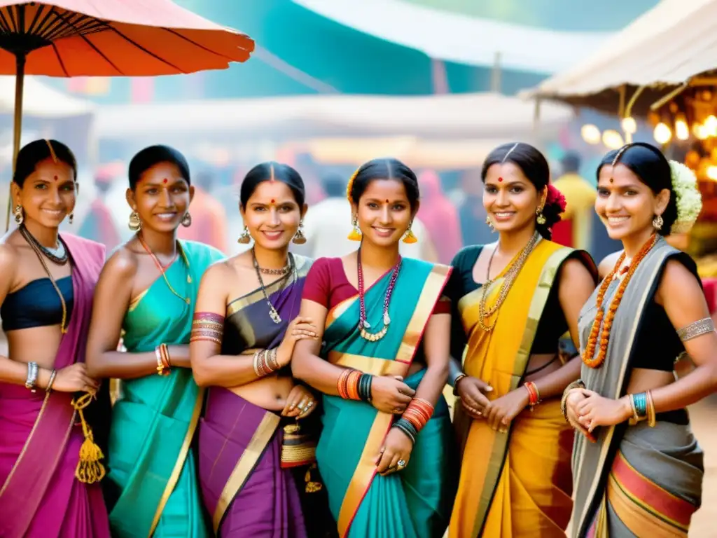 Grupo de mujeres tribales de la India visten sarees y joyas tradicionales en un mercado bullicioso