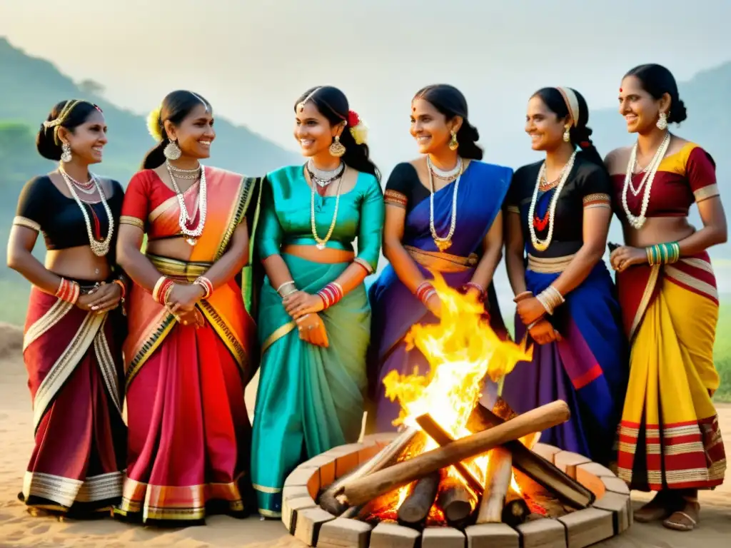 Grupo de mujeres tribales indias bailando alrededor de una fogata, luciendo moda tribal India, estilos étnicos y joyería tradicional vibrante