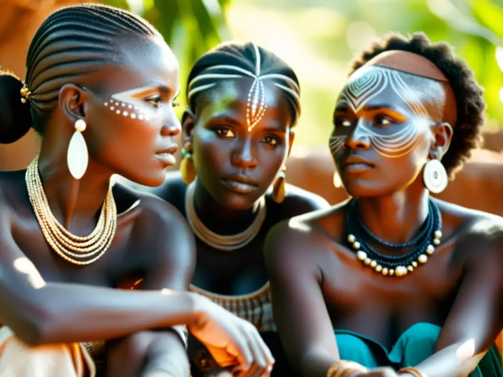 Grupo de mujeres de tribu africana aplicando prácticas milenarias cosmética moderna lujo con arcilla y pigmentos naturales en rostros, con joyas tradicionales y expresión de sabiduría ancestral