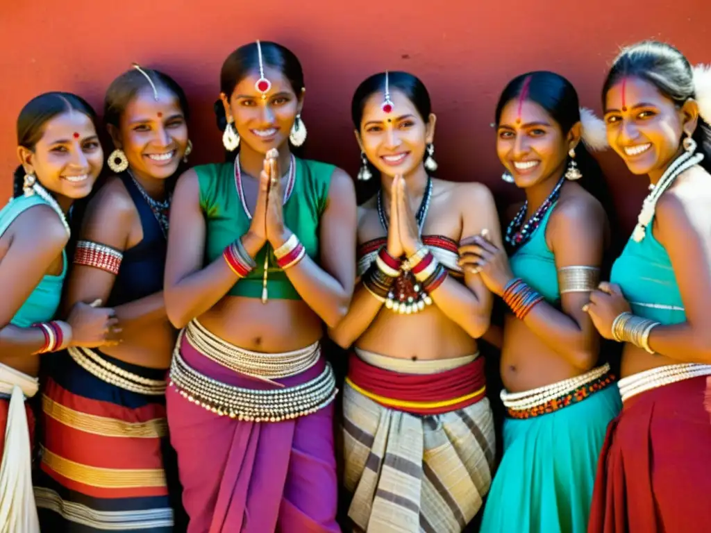 Grupo de mujeres de tribus en la India bailando en trajes tradicionales, capturando la diversidad y la moda tribal India estilos étnicos