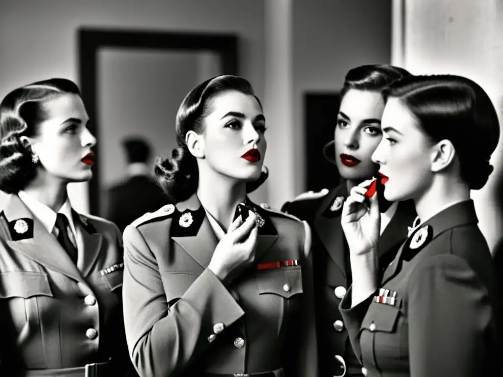 Grupo de mujeres en uniforme militar aplicándose lápiz labial rojo frente al espejo, mostrando el impacto del lápiz labial en guerras mundiales