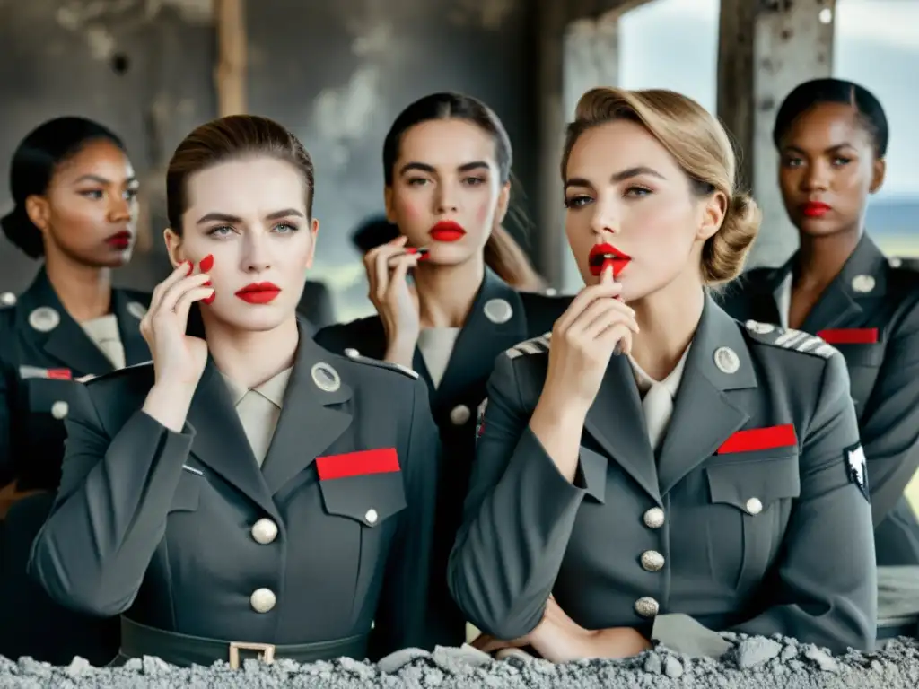 Grupo de mujeres en uniforme militar aplicando lápiz labial rojo frente al espejo, con un paisaje de guerra detrás