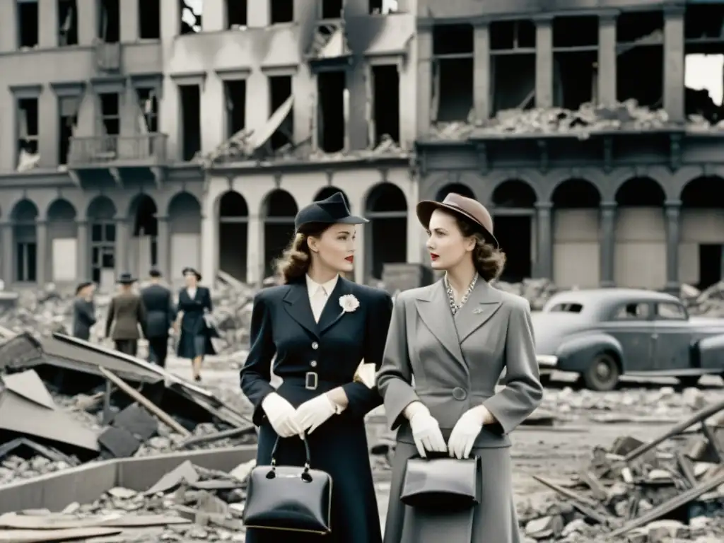 Un grupo de mujeres vestidas con elegancia de los años 40 en una ciudad destruida, mostrando impacto cultural semanas moda historia