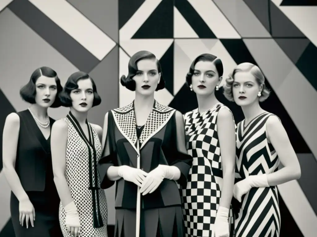 Grupo de mujeres elegantemente vestidas en estilo cubista de los años 20