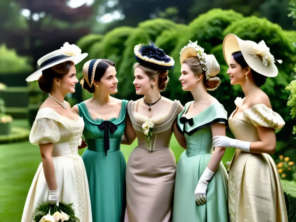 Encantadoras damas de la era de Jane Austen en el jardín Grupo de mujeres elegantemente vestidas en un exuberante jardín, reflejando la influencia de Jane Austen en la moda del siglo XIX