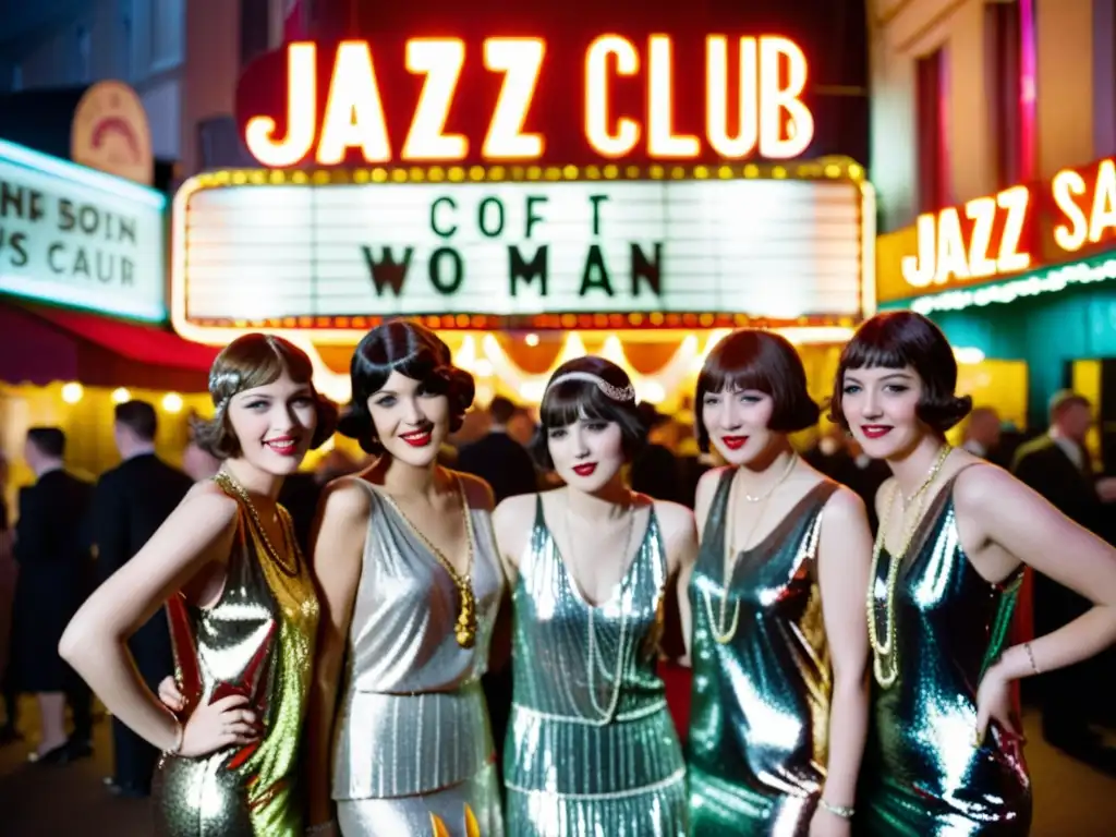 'Grupo de mujeres en vestidos de los años 20, fumando y posando frente a un club de jazz