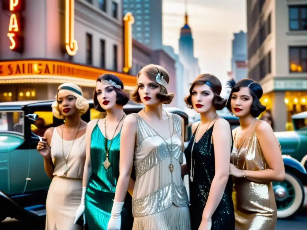 Un grupo de mujeres en vestidos de moda flapper de los años 20, en la ciudad, encarnando la emancipación y la elegancia subversiva