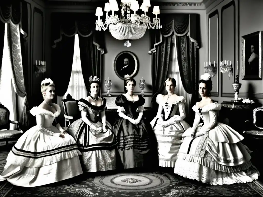 Grupo de mujeres con vestidos victorianos y miriñaques en un elegante salón, mostrando el impacto cultural de la moda del siglo XIX