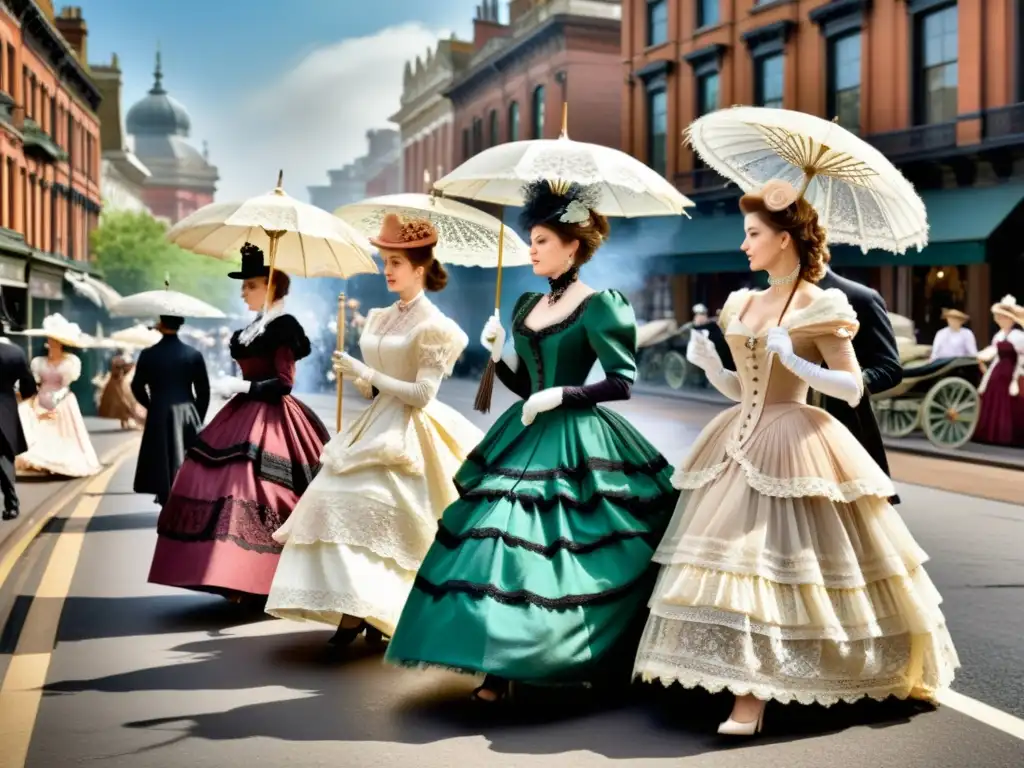 Grupo de mujeres victorianas elegantemente vestidas paseando por una bulliciosa calle, sus faldas de crinolina ondeando con gracia