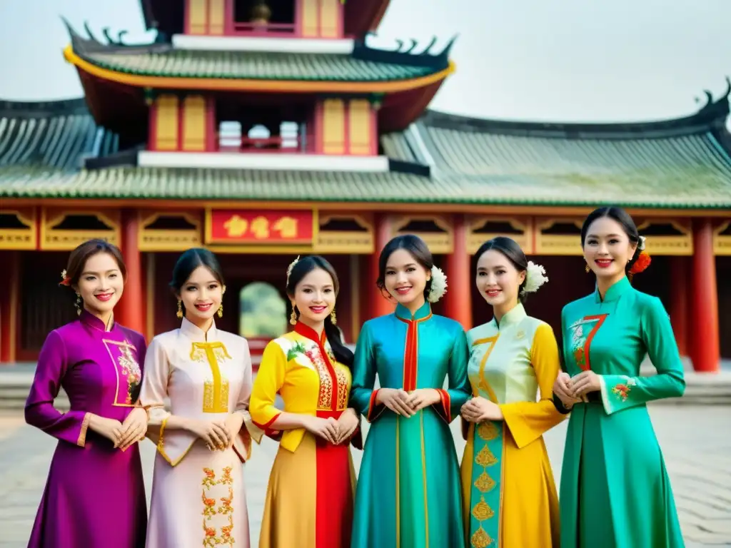 Un grupo de mujeres vietnamitas viste elegantes Ao Dai frente a una pagoda, evocando la evolución del Ao Dai Vietnamita