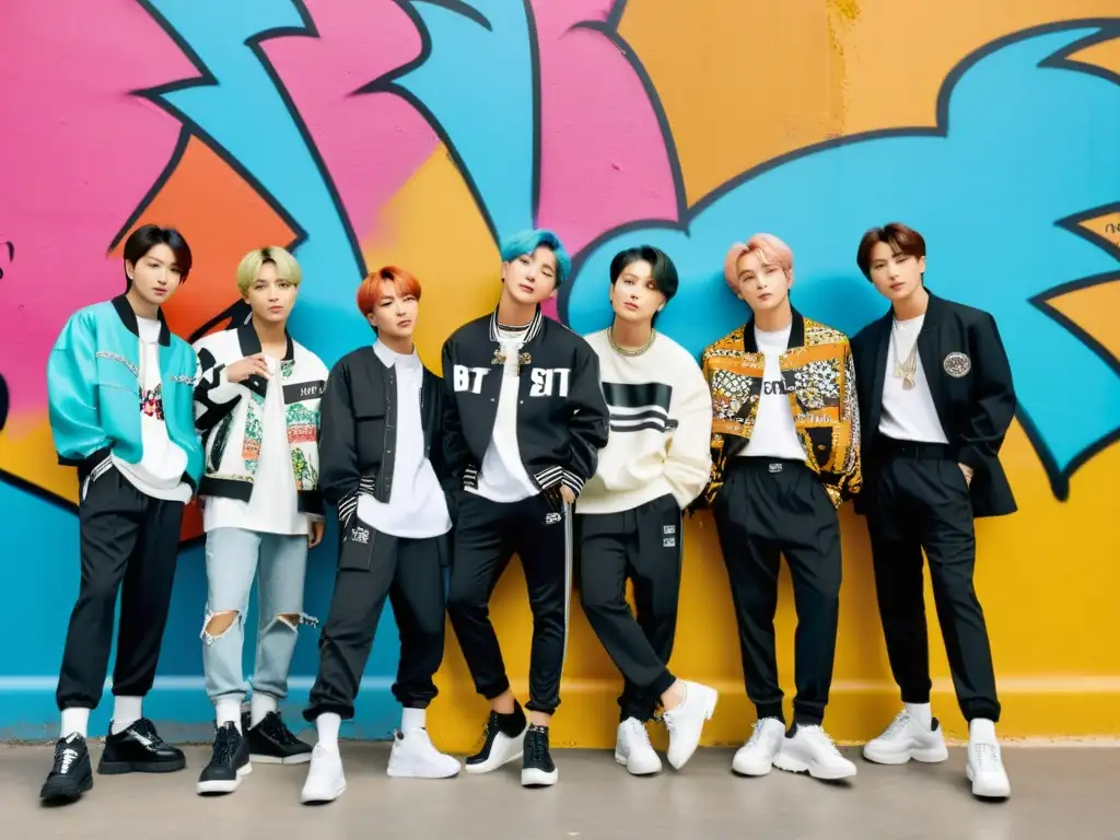 BTS, el grupo de Kpop, posa frente a un mural urbano colorido, mostrando su impacto en la moda juvenil a nivel global