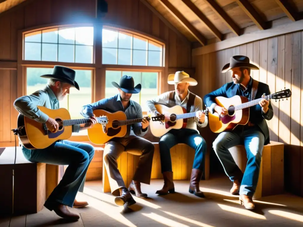 Un grupo de músicos country tocando en un granero rústico, la luz solar crea sombras dramáticas