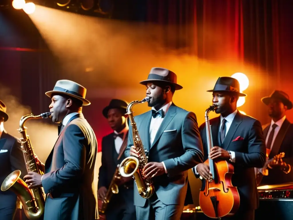 Un grupo de músicos de jazz en un club oscuro, vistiendo trajes elegantes y sombreros, tocando con pasión bajo las cálidas luces del escenario