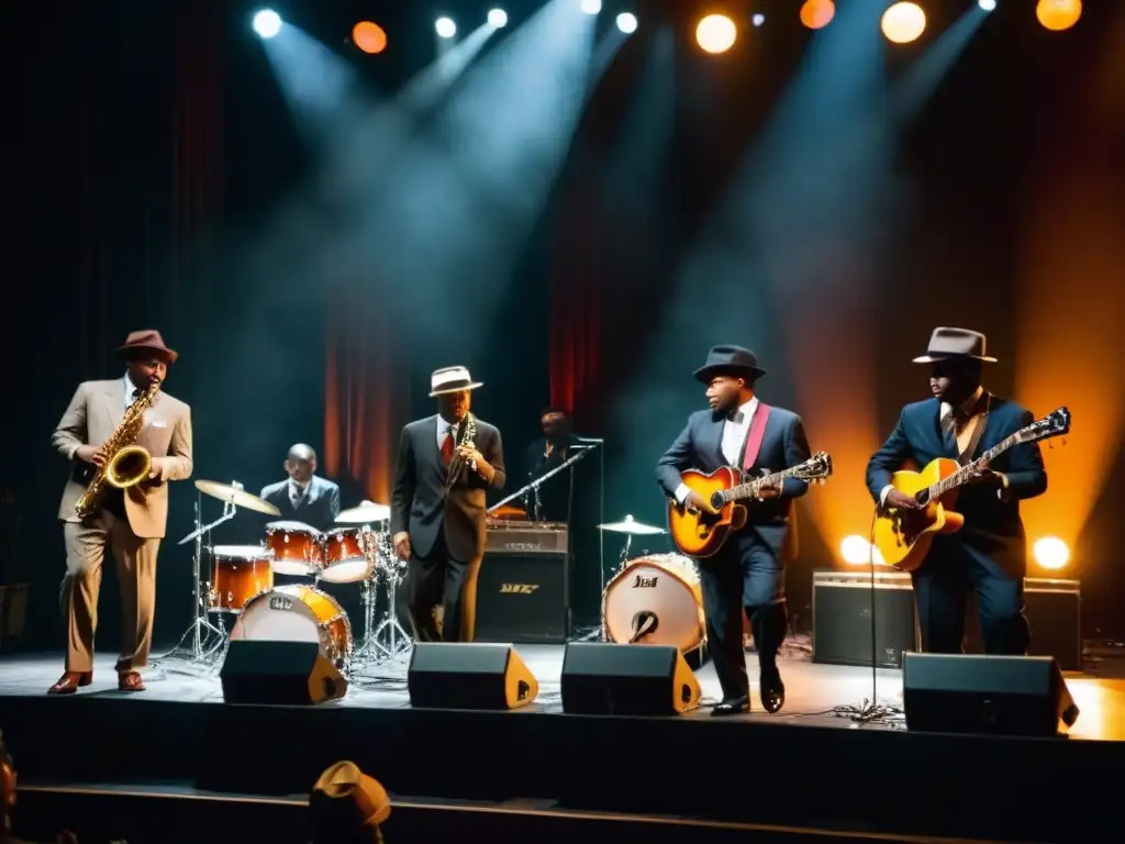 Grupo de músicos de jazz con impacto cultural y alma, vistiendo trajes vintage, interpretando con pasión en un escenario íntimamente iluminado