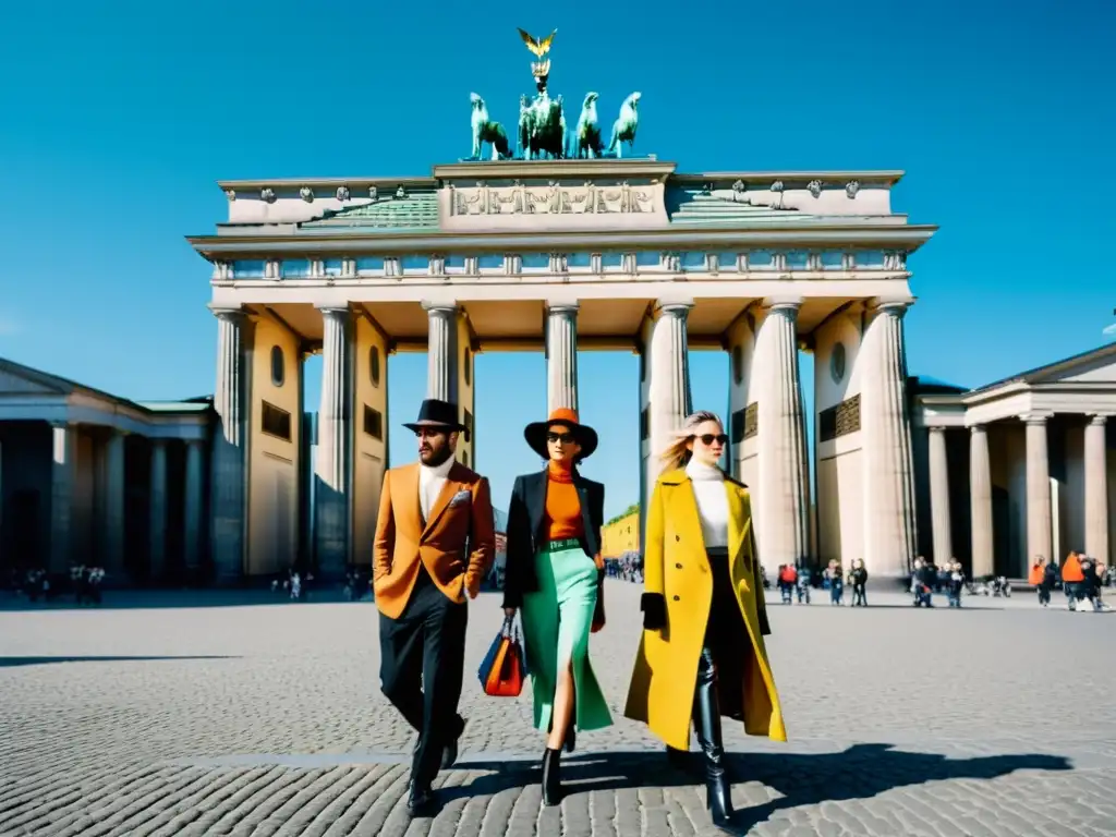 Un grupo de personas con atuendos vanguardistas desfilan con confianza por una calle de Berlín durante la Semana de la Moda, destacando la influencia de la Berlin Fashion Week con sus colores vibrantes y estilos diversos, con la icónica Puerta de Brandeburgo de fondo