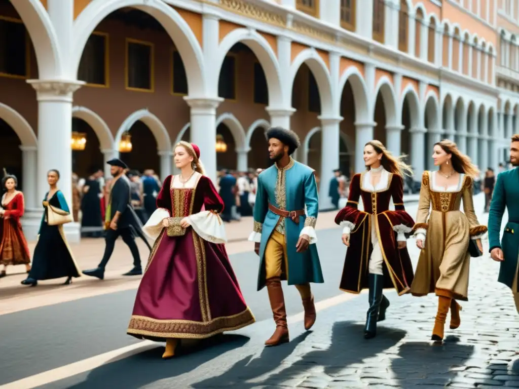 Un grupo de personas camina por una bulliciosa calle de la ciudad, vistiendo una mezcla de ropa moderna y moda inspirada en el Renacimiento