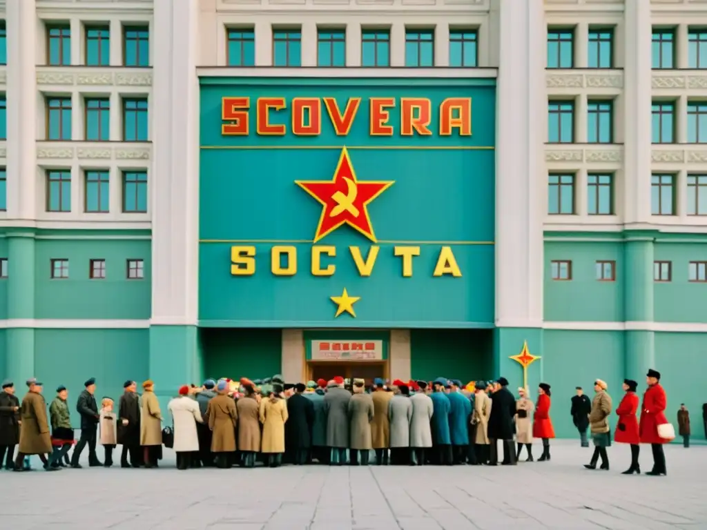 Grupo de personas en fila afuera de un imponente edificio soviético, con carteles de propaganda coloridos