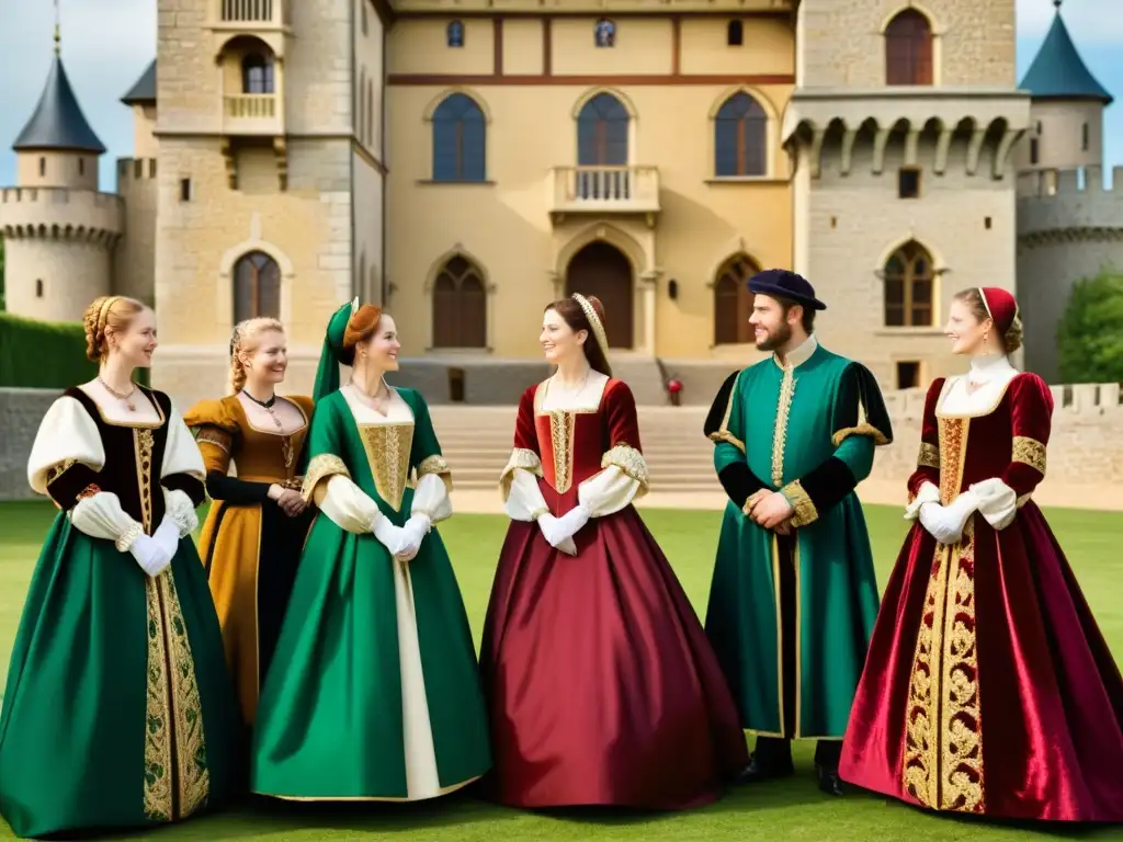 Recreación detallada del Renacimiento en un castillo Grupo de reenactores vistiendo moda renacentista, reunidos frente a un castillo ornamentado, reconstruyendo la historia con sus actividades animadas
