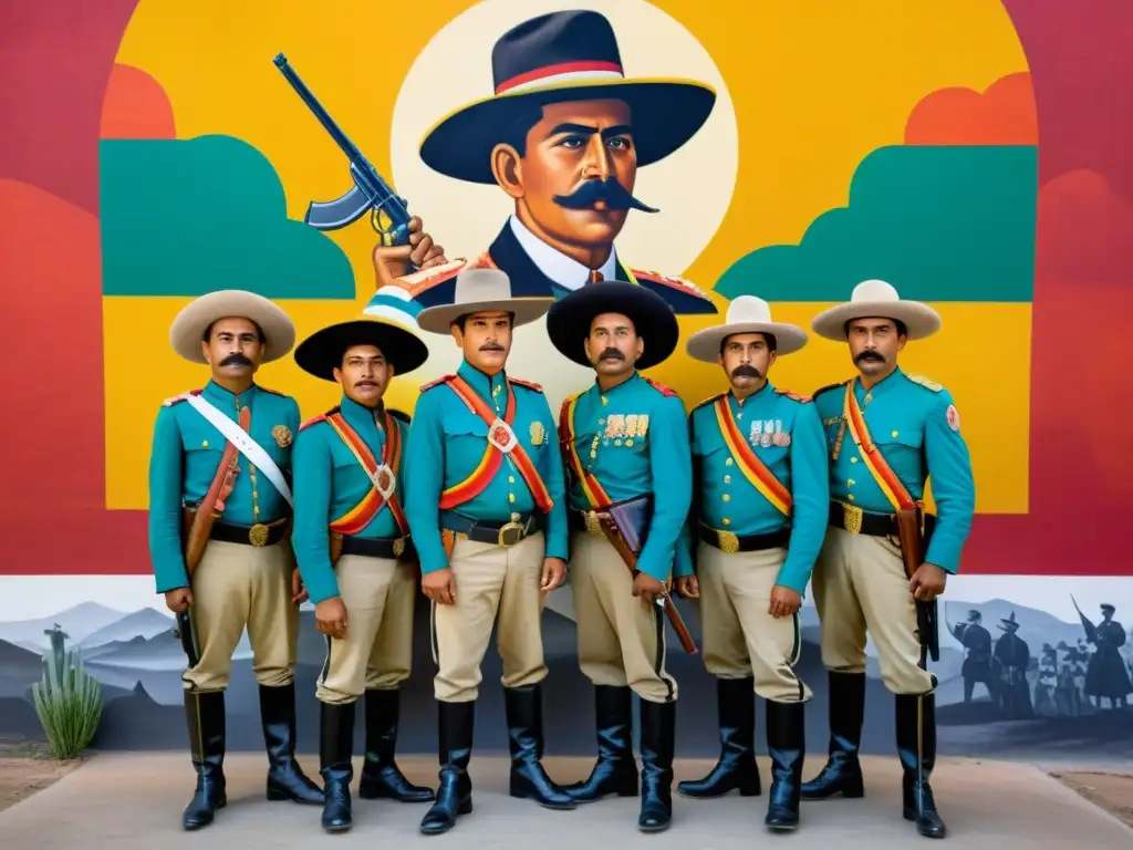 Grupo de revolucionarios con indumentaria como símbolo en revoluciones, frente a mural histórico de la Revolución Mexicana