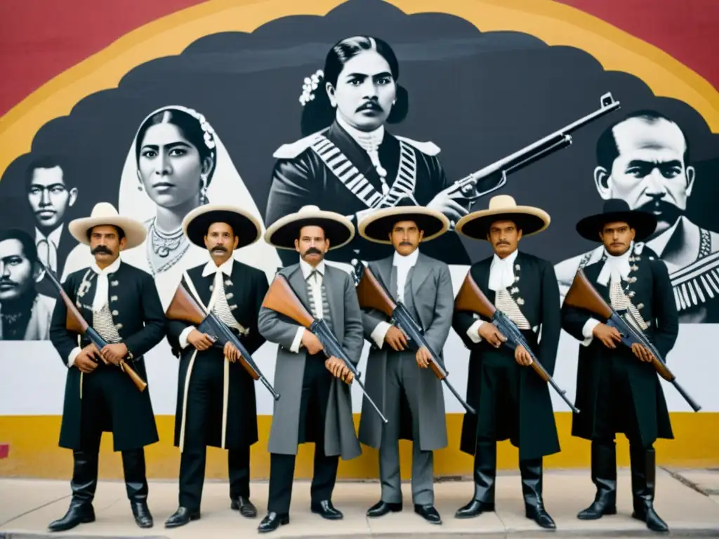 Un grupo de revolucionarios mexicanos con vestimenta tradicional y rifles, frente a un mural que representa la lucha por la independencia