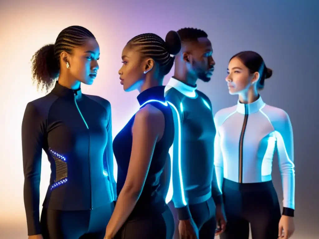 Grupo usando ropa inteligente impacto cultural en entorno urbano futurista