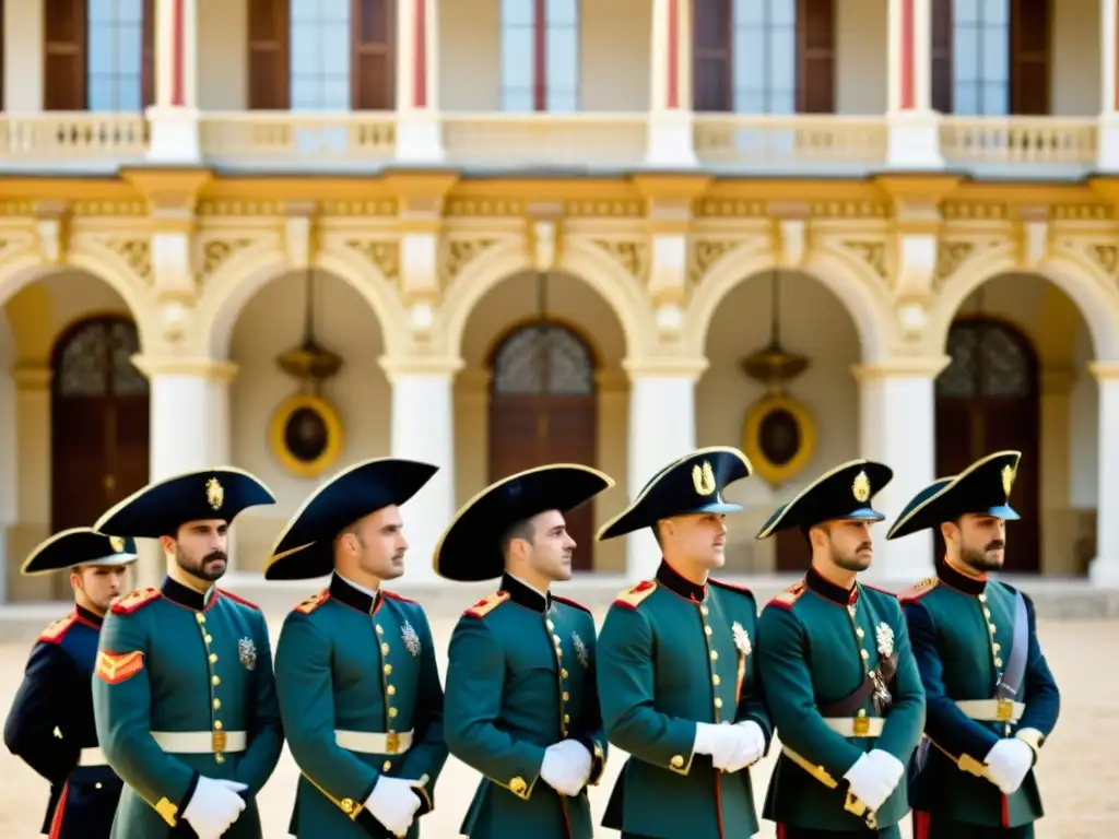 Un grupo de soldados españoles vistiendo tricornios, en formación frente a un edificio histórico