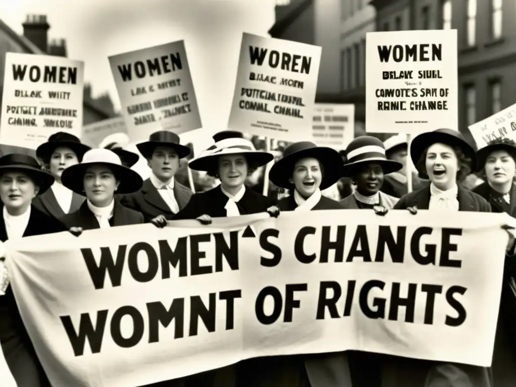 Grupo de sufragistas marchando en el siglo XX, con vestuario femenino como herramienta política, expresando determinación y cambio social