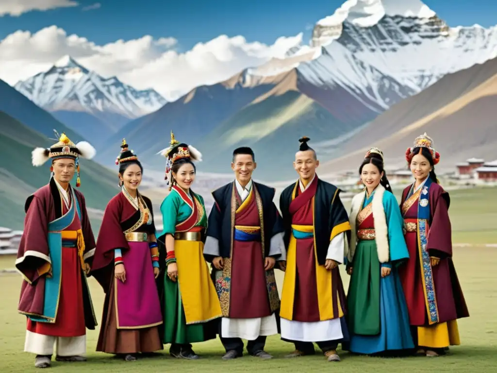 Grupo de tibetanos vistiendo moda tradicional ante montañas nevadas, exudando orgullo y resistencia cultural